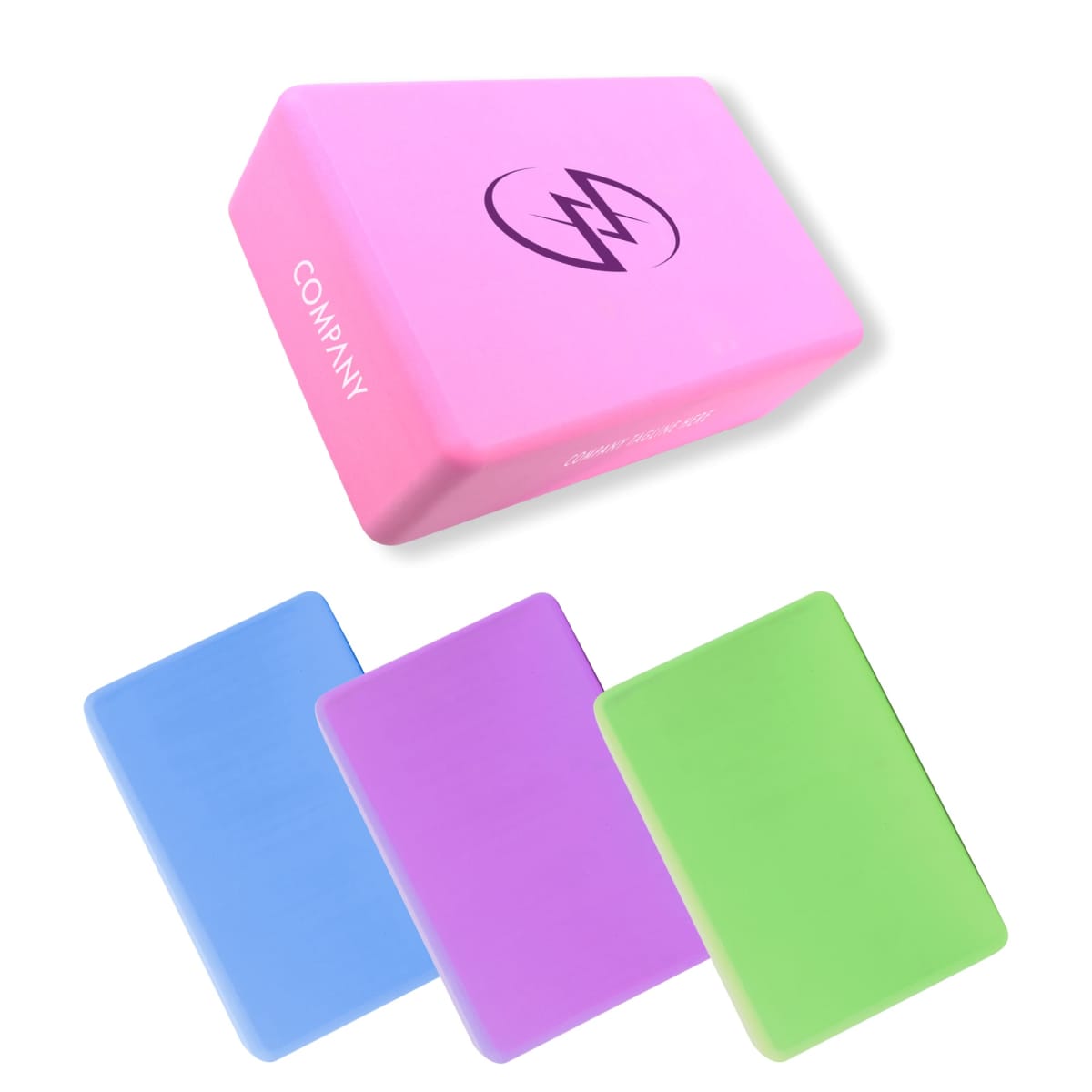 Four yoga blocks in different colors: pink, blue, purple, and green. The pink block is positioned above the others and has a company logo and text. The other blocks are positioned below in a row.