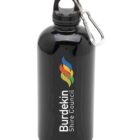 A black metal water bottle featuring the Burdekin Shire Council logo, with a colorful flame design. It has a silver carabiner attached to the cap.