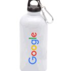 A white water bottle with the Google logo printed vertically in blue, red, yellow, and green. It has a black cap with a silver carabiner attached.