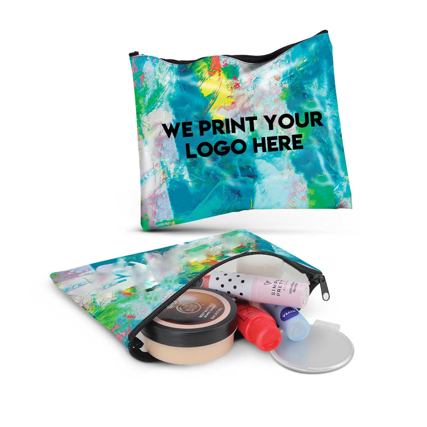 A colorful cosmetic pouch with a zip closure displays the text WE PRINT YOUR LOGO HERE. It contains various beauty products like a compact, a small container, and tubes. Another pouch is shown upright in the background.