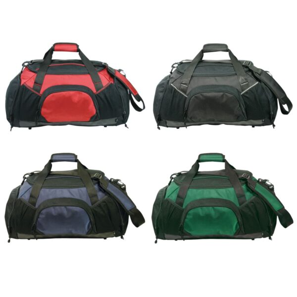 Four duffel bags are displayed in a grid. The bags are identical in design but differ in color: red, black, blue, and green. Each has a large central compartment, handles, and an adjustable shoulder strap.