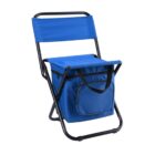 A foldable chair with a blue fabric seat and backrest features a built-in insulated cooler bag underneath. The cooler bag has a front zippered pocket and a shoulder strap, all supported by a black metal frame.