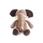 A plush elephant toy with a brown body, large floppy ears, and white tusks. It has a colorful patch on its chest with the words Kids Place on it. The toy is sitting upright on a white background.