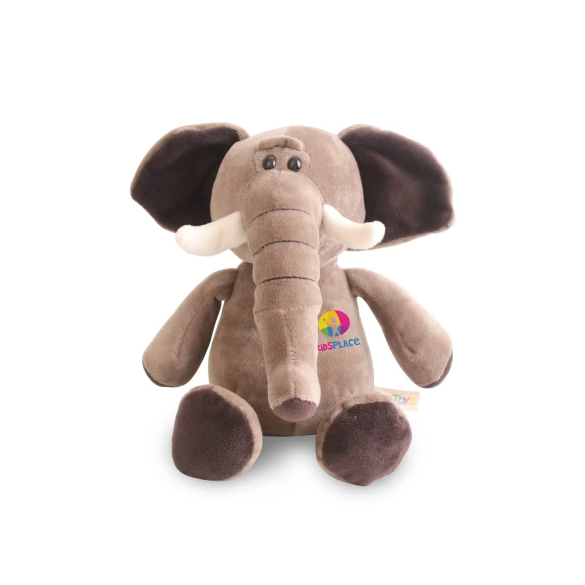 A plush elephant toy with a brown body, large floppy ears, and white tusks. It has a colorful patch on its chest with the words Kids Place on it. The toy is sitting upright on a white background.