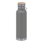 A sleek, gray stainless steel water bottle with a wooden cap and a metal handle. The bottle has a simple and modern design, suitable for carrying beverages on the go.