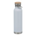 A sleek, light gray insulated water bottle with a wooden cap, metal base, and a metal loop for carrying.