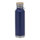 A sleek blue stainless steel water bottle with a wooden cap and a metal handle is standing upright against a plain white background.