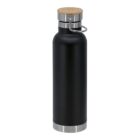 A sleek black stainless steel water bottle with a wooden cap and metal handle. The bottle features a metallic base, giving it a modern and minimalist design.
