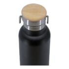 A black stainless steel water bottle with a bamboo lid and metal handle. The bottle is shown from the top angle against a white background.