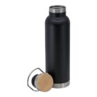 A sleek black thermos with a stainless steel and bamboo lid. The lid is detached and placed in front of the thermos, showcasing its natural wood finish and metal handle. The thermos is cylindrical with a modern design.