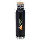 A black water bottle with a wooden cap and metal base, featuring the words Podium Yoga and a logo in green, white, and orange.
