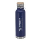 A blue stainless steel water bottle with a wooden lid and metal handle. The word encore is printed vertically in white along with a leaf design. The base and neck are silver-colored.