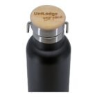 A black water bottle with a silver top and wooden cap, engraved with UniLodge your place. The cap has a metal handle on each side.
