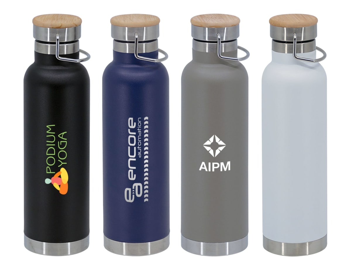 Four stainless steel water bottles with wooden caps in black, blue, gray, and white. Each bottle features a different logo on the front.