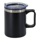 A black travel mug with a handle and a clear lid is shown. The mug has a metal band near the top, and the lid has a sliding closure. The design is sleek and modern, suitable for holding hot or cold beverages.