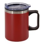 A red insulated travel mug with a black handle and a transparent, sealable lid is shown.
