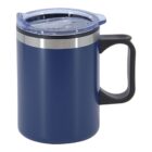 A blue insulated travel mug with a transparent lid and a black handle. The mug features a silver trim near the top, designed to keep beverages hot or cold.
