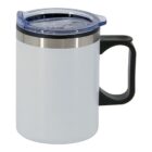 A white insulated travel mug with a black handle and a transparent plastic lid. The mug has a sleek, cylindrical design and stainless steel details around the rim.