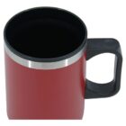 A top view of a red travel mug with a black interior and a matte finish. The mug has a black handle on the right and a silver band around the rim.