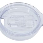 A clear plastic circular lid with a small tab on the side and an opening for a straw. The lid has a groove pattern and fits onto a container or cup.