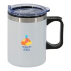 A white travel mug with a black handle and clear lid, featuring a colorful yoga logo and the text PODIUM YOGA.