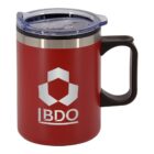 A red travel mug with a black handle and a clear lid, featuring a white geometric logo and the letters BDO printed on the side.