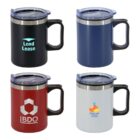 Four colorful travel mugs with handles are displayed. Each features a different logo: Lend Lease on a black mug, a navy blue mug, BDO on a red mug, and Podium Yosa on a white mug. All have clear lids.
