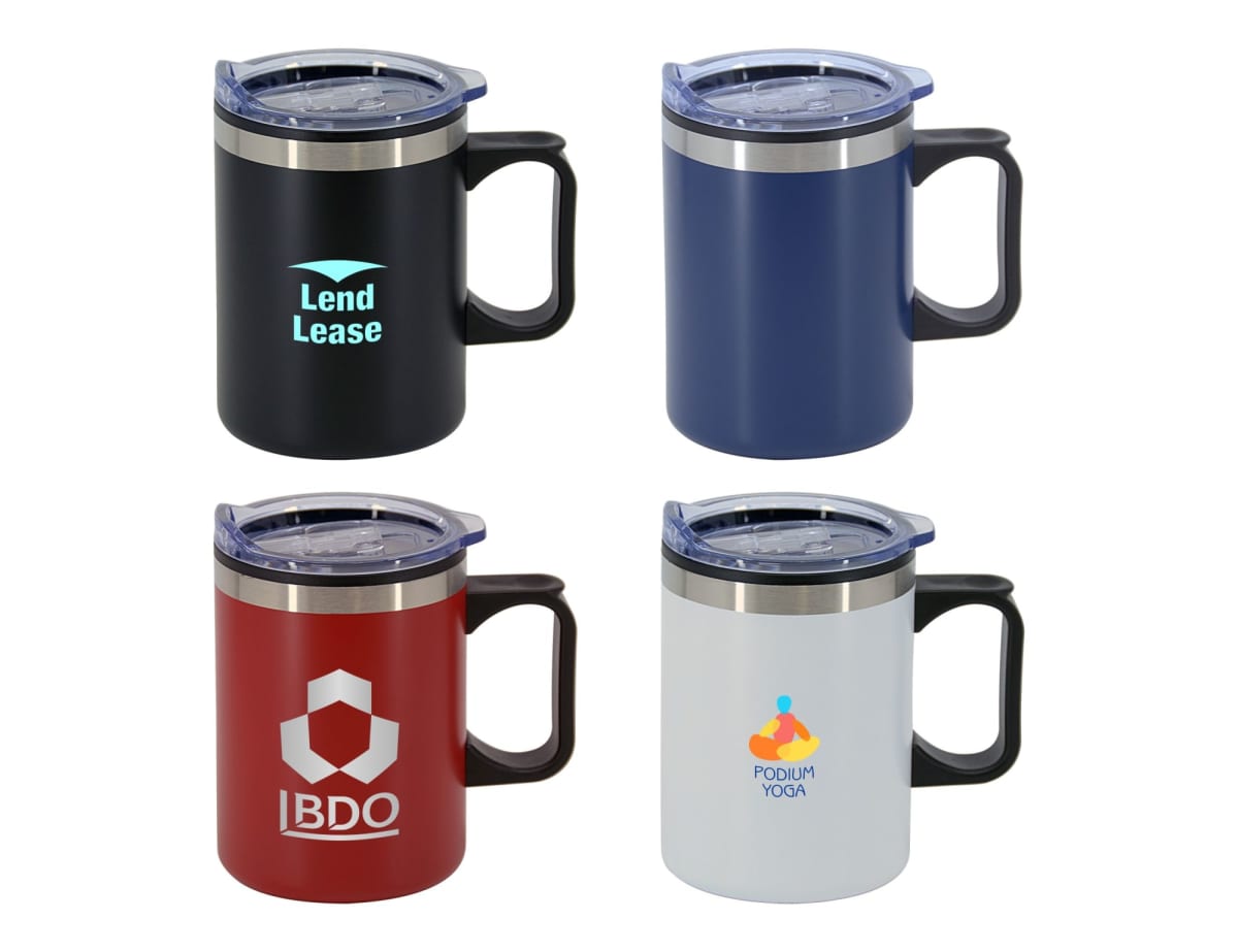 Four colorful travel mugs with handles are displayed. Each features a different logo: Lend Lease on a black mug, a navy blue mug, BDO on a red mug, and Podium Yosa on a white mug. All have clear lids.