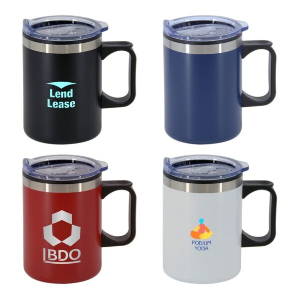 Four insulated travel mugs with lids are shown in different colors: black, blue, red, and white. Each mug features a different logo and is designed with a handle.
