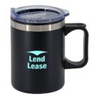 A black travel mug with a clear lid and a black handle. The text Lend Lease is printed in light blue on the side.