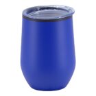 A blue insulated tumbler with a clear lid. The tumbler is smooth and cylindrical with a slightly wider base, designed for keeping beverages hot or cold.
