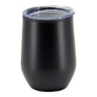 A sleek black stainless steel cup with a clear plastic lid, designed for hot or cold beverages. The cup has a smooth, matte finish and stands upright against a white background.