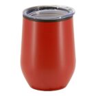 A red stainless steel tumbler with a clear plastic lid is displayed against a plain white background. The tumbler has a sleek, rounded shape and is designed for insulation.