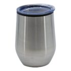 A stainless steel tumbler with a transparent plastic lid. The tumbler has a matte finish and a slightly tapered design, suitable for beverages.