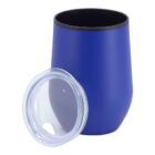 A blue stainless steel tumbler with a transparent plastic lid placed next to it. The tumbler has a smooth, matte finish and the lid has an opening for drinking.
