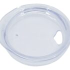 A clear plastic lid with a circular shape and a small, curved tab on one side, designed for a cup or container.
