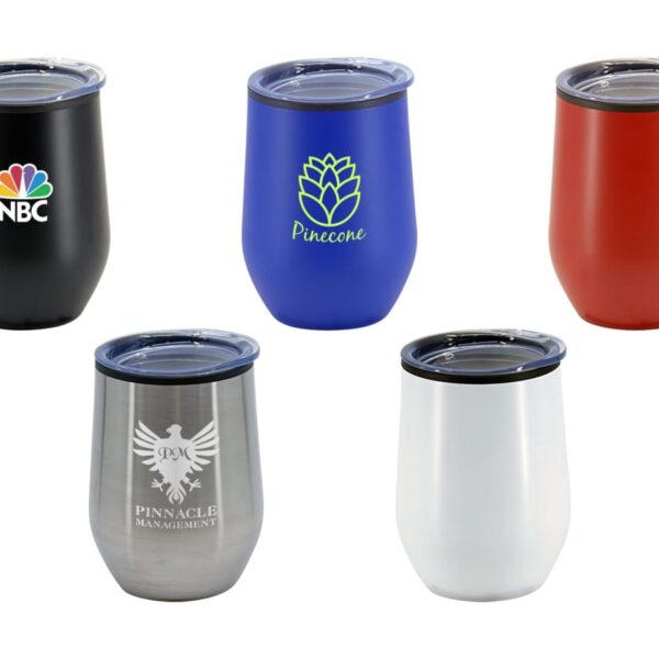 A group of five stainless steel tumblers with lids in different colors and logos. The colors are black, blue, red, silver, and white, each featuring a distinct design or logo on the front.