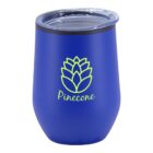 A blue tumbler with a clear lid, featuring a pinecone graphic and the word Pinecone in green on the front.