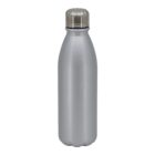 A silver metal water bottle with a smooth, rounded design and a matching metallic screw-on cap, standing upright against a plain white background.