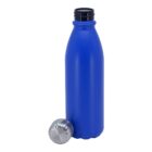 A blue reusable water bottle with a black neck, standing upright. The steel cap is placed next to the bottle. The background is plain white.
