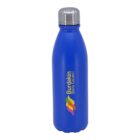 A blue water bottle with a metallic silver cap. The bottle features the logo of Burdekin Shire Council, with colorful leaf-like designs in orange, green, and yellow.