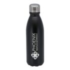 A black stainless steel water bottle with a silver cap is standing upright. The words Phoenix Management and a logo are printed in white on the front of the bottle. The background is plain white.