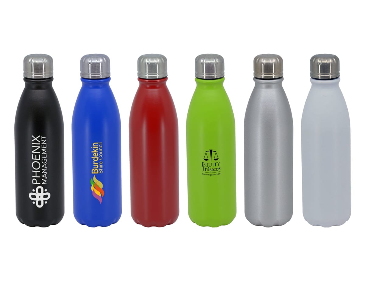 Six colorful reusable water bottles with stainless steel caps are lined up. The bottles are black, blue, red, green, silver, and white. Each bottle features a unique logo on the front, showcasing different designs and text.