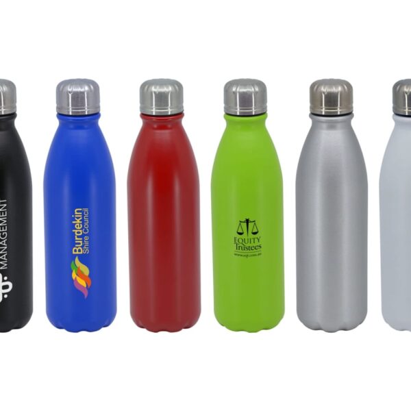 Six assorted reusable bottles with silver caps stand in a row. They are colored black, blue, red, green, gray, and white, each featuring different logos and text.