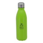 A bright green water bottle with a silver cap. The bottle features a logo and the text Equity Trustees printed in black on its surface.