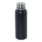 A sleek black insulated water bottle with a silver stainless steel cap is standing upright against a plain white background. Its minimalist design is both functional and stylish, ideal for keeping beverages hot or cold.