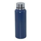 A blue insulated stainless steel water bottle with a silver cap, standing upright against a plain white background.