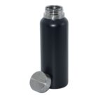 A black stainless steel water bottle with an open top, positioned upright. The silver cap is placed beside the bottle. The surface of the bottle has a matte finish, and the cap is slightly reflective.