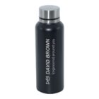 A sleek black stainless steel water bottle with a silver cap. It features the DAVID BROWN logo and the slogan Engineered around you in white text running vertically.