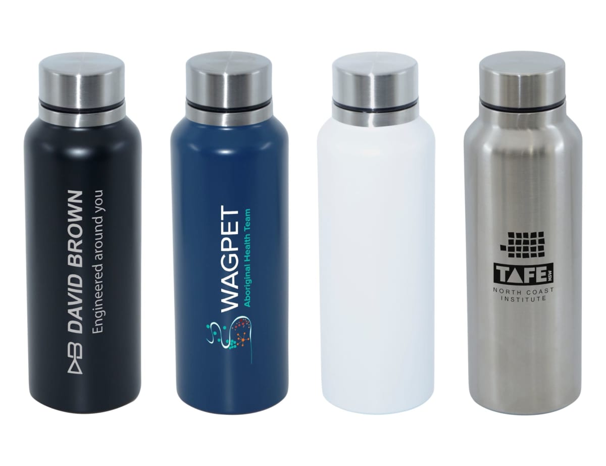 Four reusable bottles with various designs and logos are displayed in a row. The colors are black, blue, white, and silver, each featuring distinct branding and text.